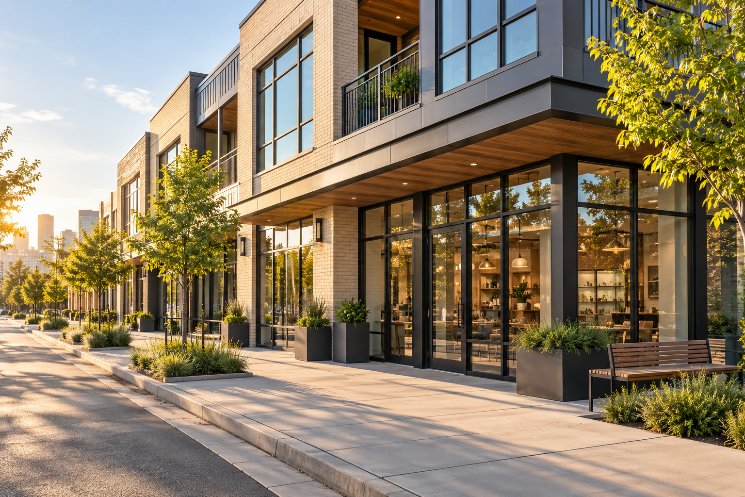 AI-generated scene: fictional commercial building in a city neighborhood. Not a client location.