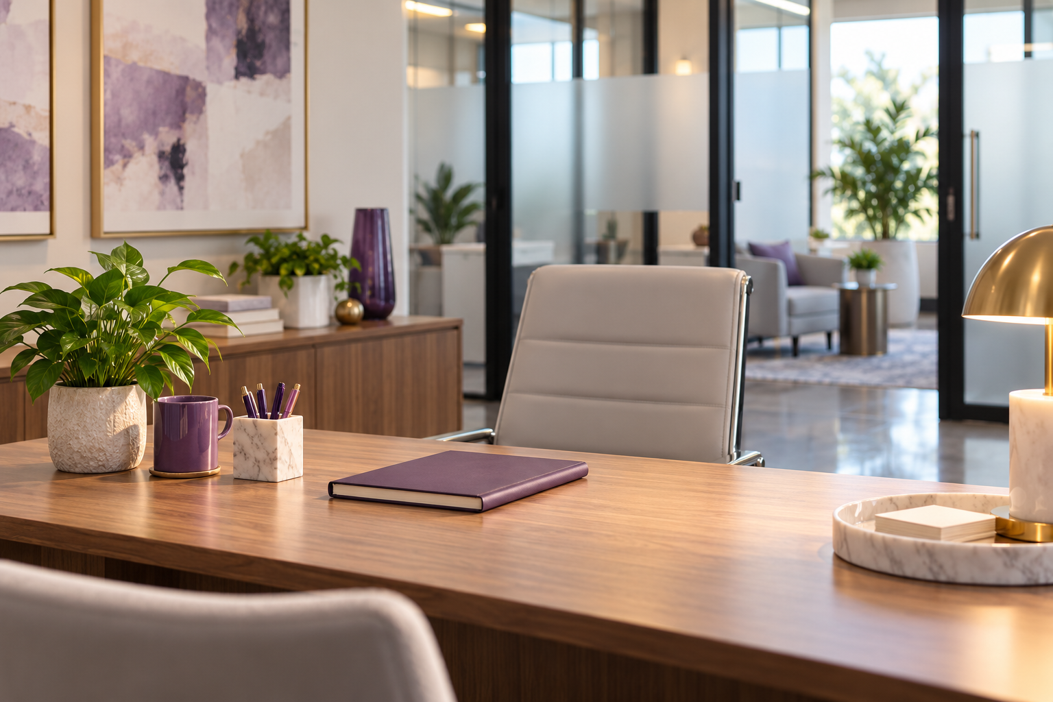 AI-generated scene: fictional administrative office with a purple accent and no people. Not a client location.