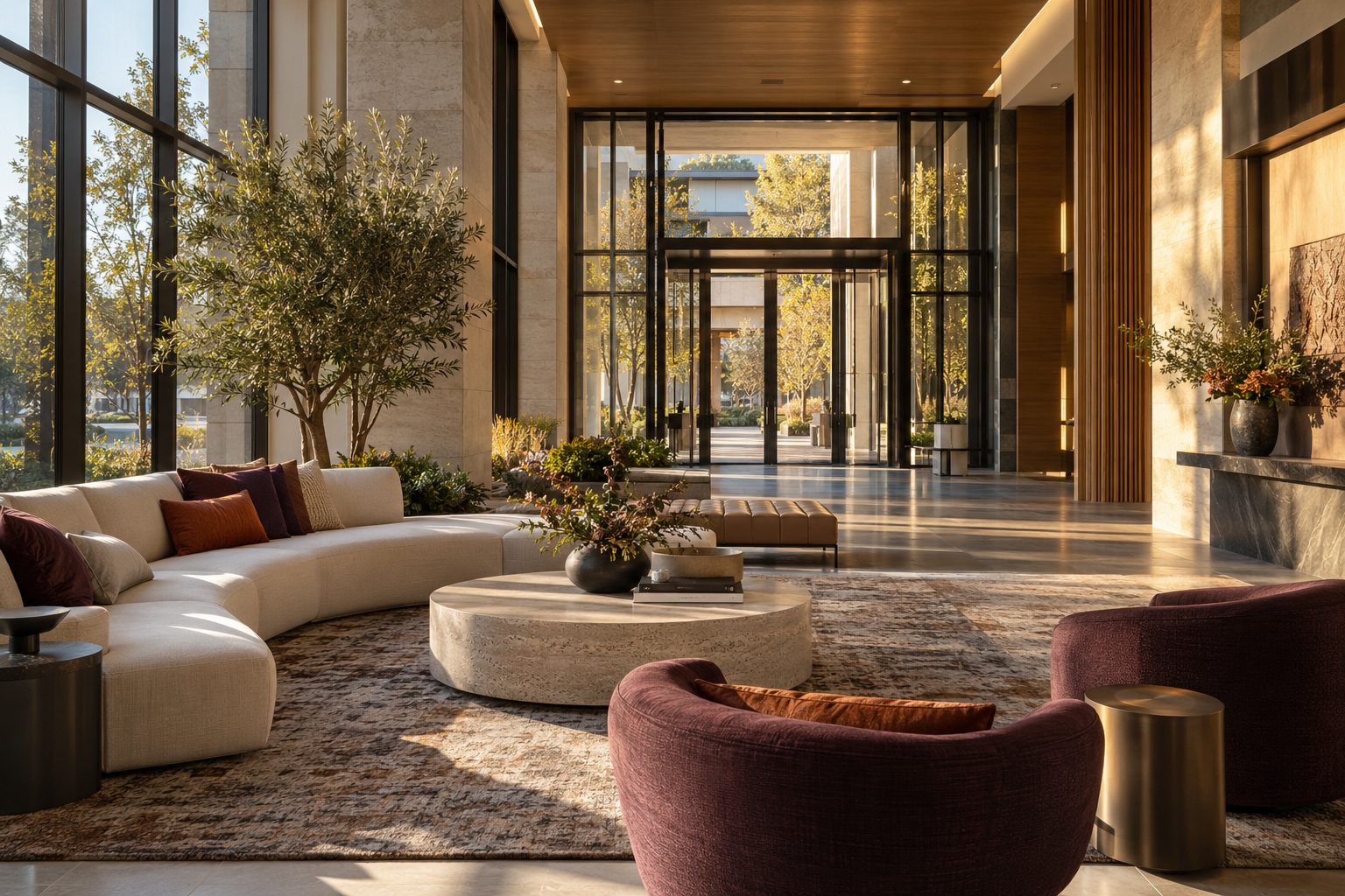 Illustrative contemporary residential lounge with warm daylight and understated purple accents